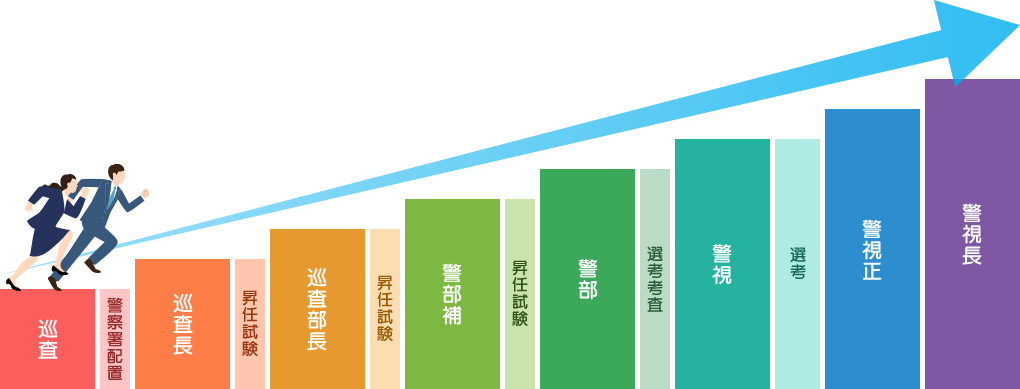 巡査(警察署配置)→巡査長(昇任試験)→巡査部長(昇任試験)→警部補(昇任試験)→警部(選考考査)→警視(選考)→警視正→警視長